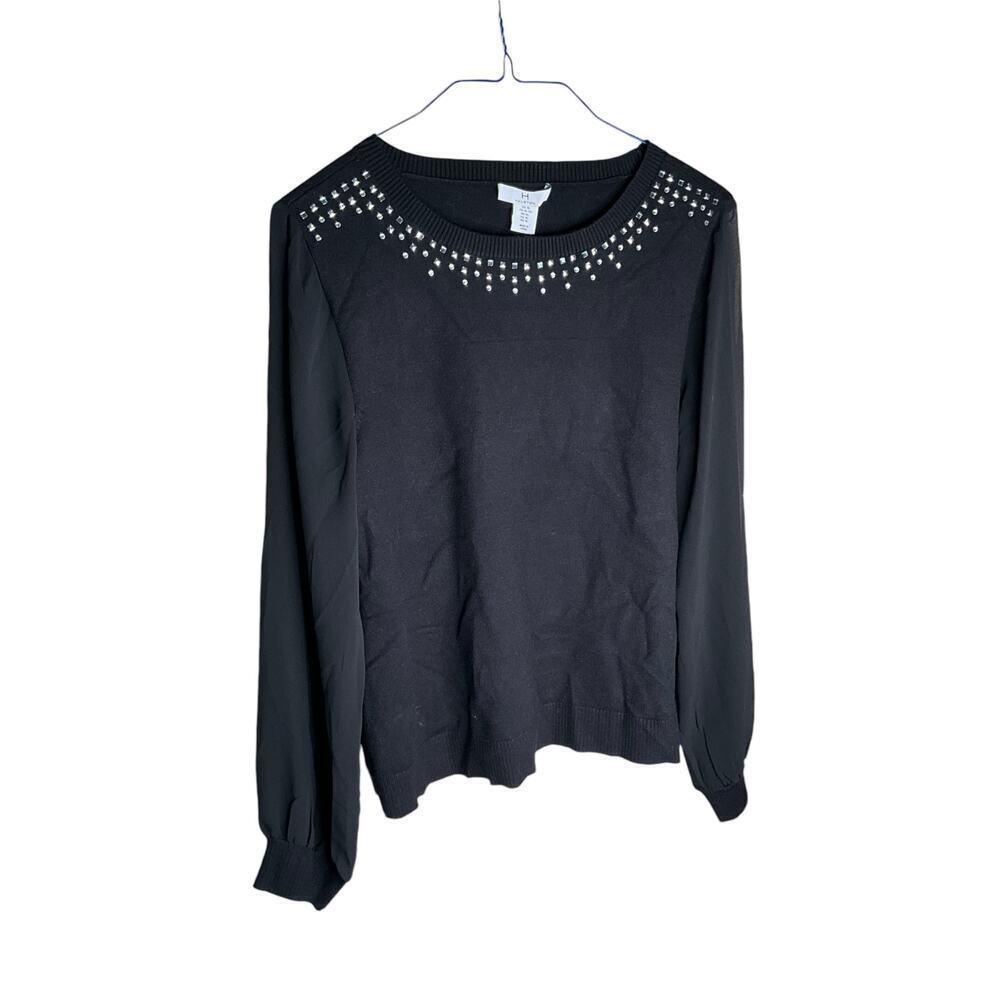 Halston Sweater Long Sleeve Pullover Embellished Collar‎ Knit Black Womens XL